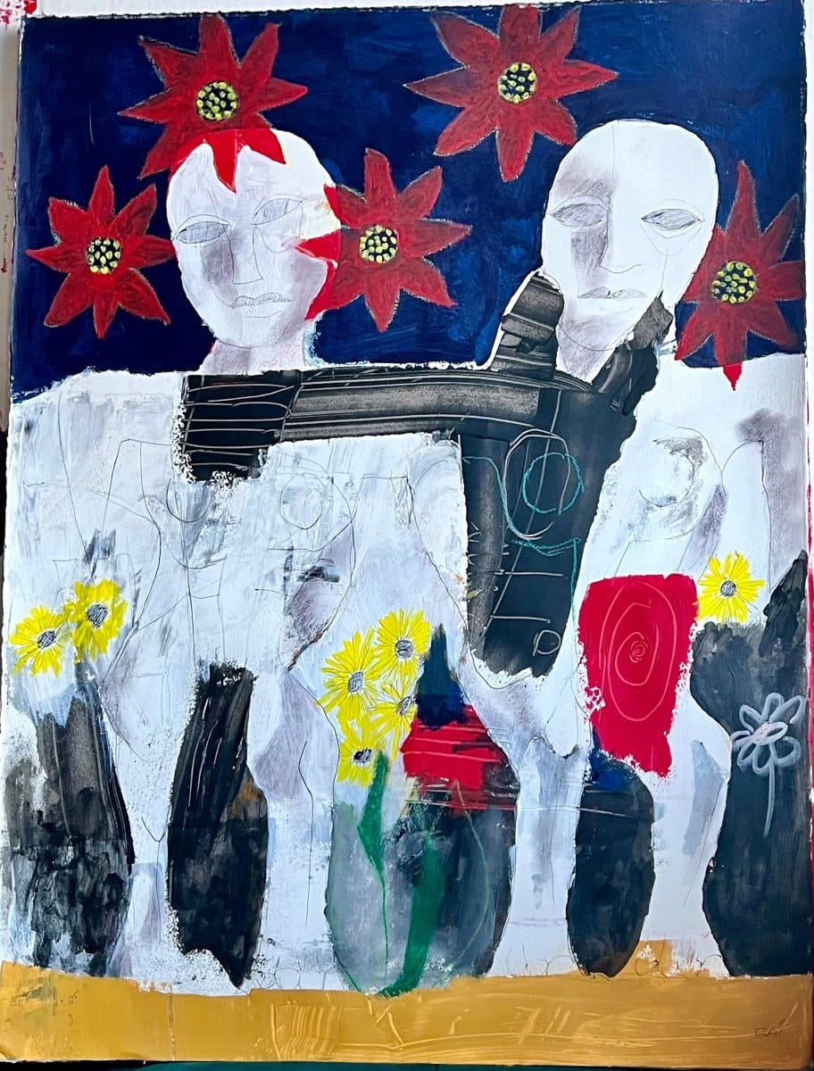 Two Men and a Horse by African American Artist Bai, Contemporary Art on Paper