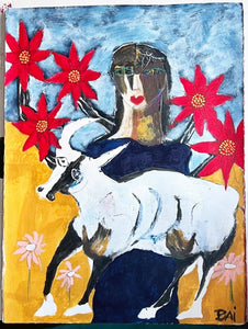 Woman with a Bull by Bai, Contemporary Painting on Paper