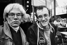 Load image into Gallery viewer, Andy Warhol with Keith Haring by Christopher Makos, Black and White Photography of Artist Friendship
