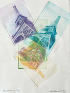 Eiffel Towers, Paris 2015 by Roberta Fineberg, a photopolymer monoprint reimagines the Parisian landmark.