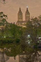 Load image into Gallery viewer, Twin Greek Temples (Dusk) by Roberta Fineberg, Color Photograph of New York City Upper West Side and Central Park
