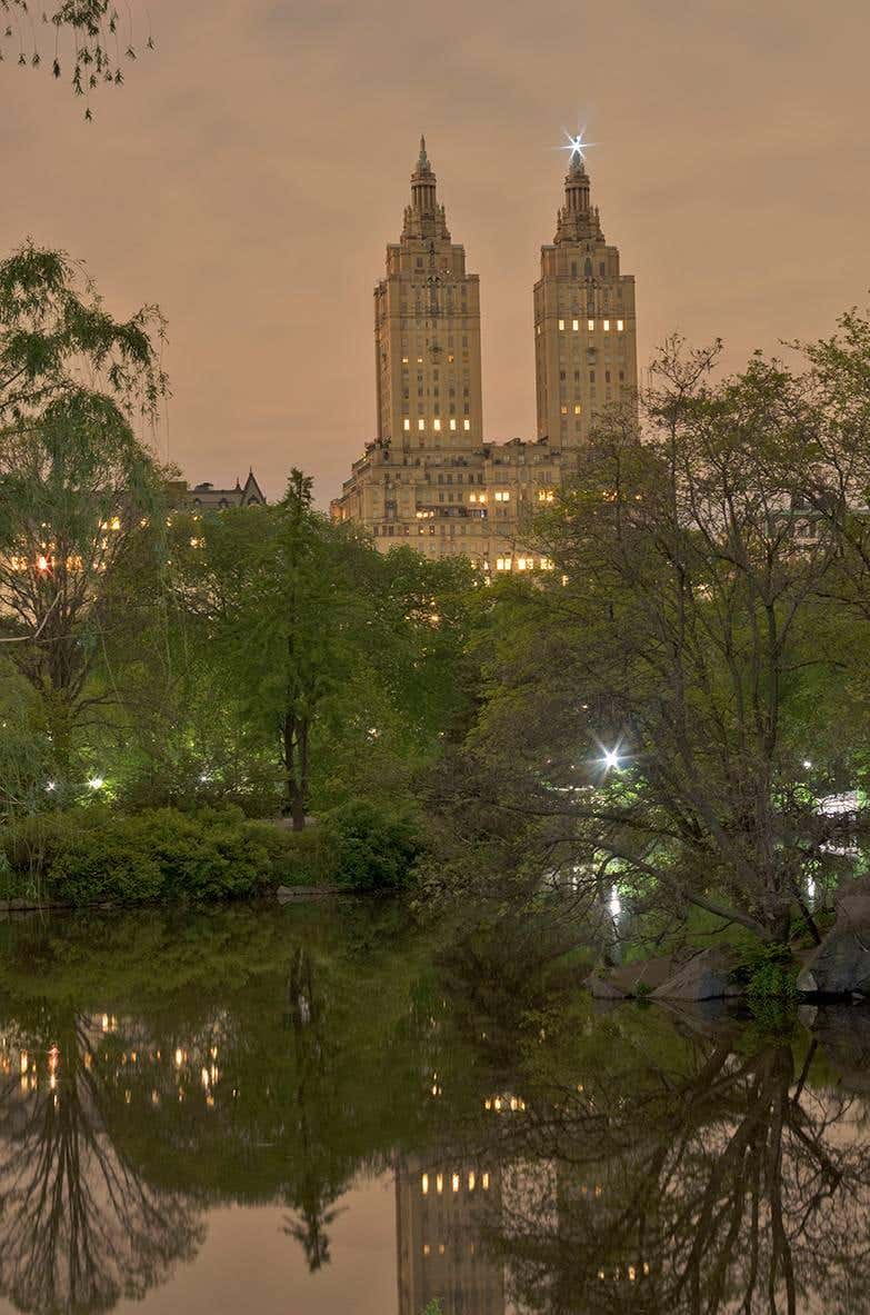 Twin Greek Temples (Dusk) by Roberta Fineberg, Color Photograph of New York City Upper West Side and Central Park