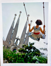 Load image into Gallery viewer, Swing, Young Girl and Gaudi Cathedral, Barcelona, Spain by Burt Glinn 1950s
