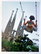 Load image into Gallery viewer, Swing, Young Girl and Gaudi Cathedral, Barcelona, Spain by Burt Glinn 1950s
