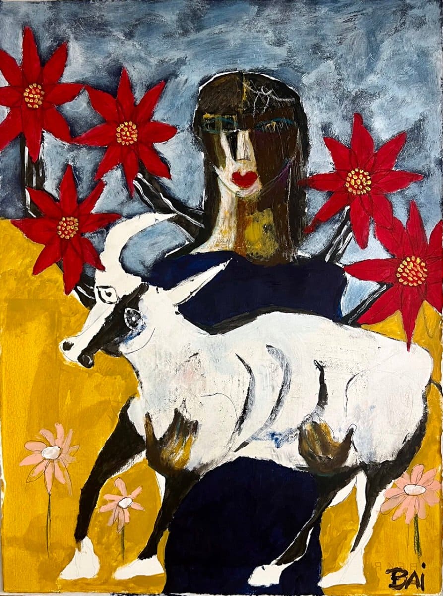 Woman with a Bull by Bai, Contemporary Painting on Paper