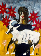 Woman with a Bull by Bai, Contemporary Painting on Paper