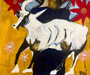 Woman with a Bull by Bai, Contemporary Painting on Paper
