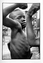 Load image into Gallery viewer, Muscle Boy by Leonard Freed, Harlem, Black-and-White Photography of African American Children 1960s
