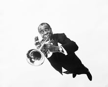 Load image into Gallery viewer, Louis Armstrong by Philippe Halsman, Black-and-White Portrait Photography of African American Jazz Musician 1960s
