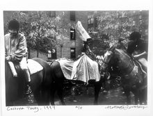 Load image into Gallery viewer, Costume Party by Roberta Fineberg, Black-and-White Photograph of Horseback Riders New York City 1990s.
