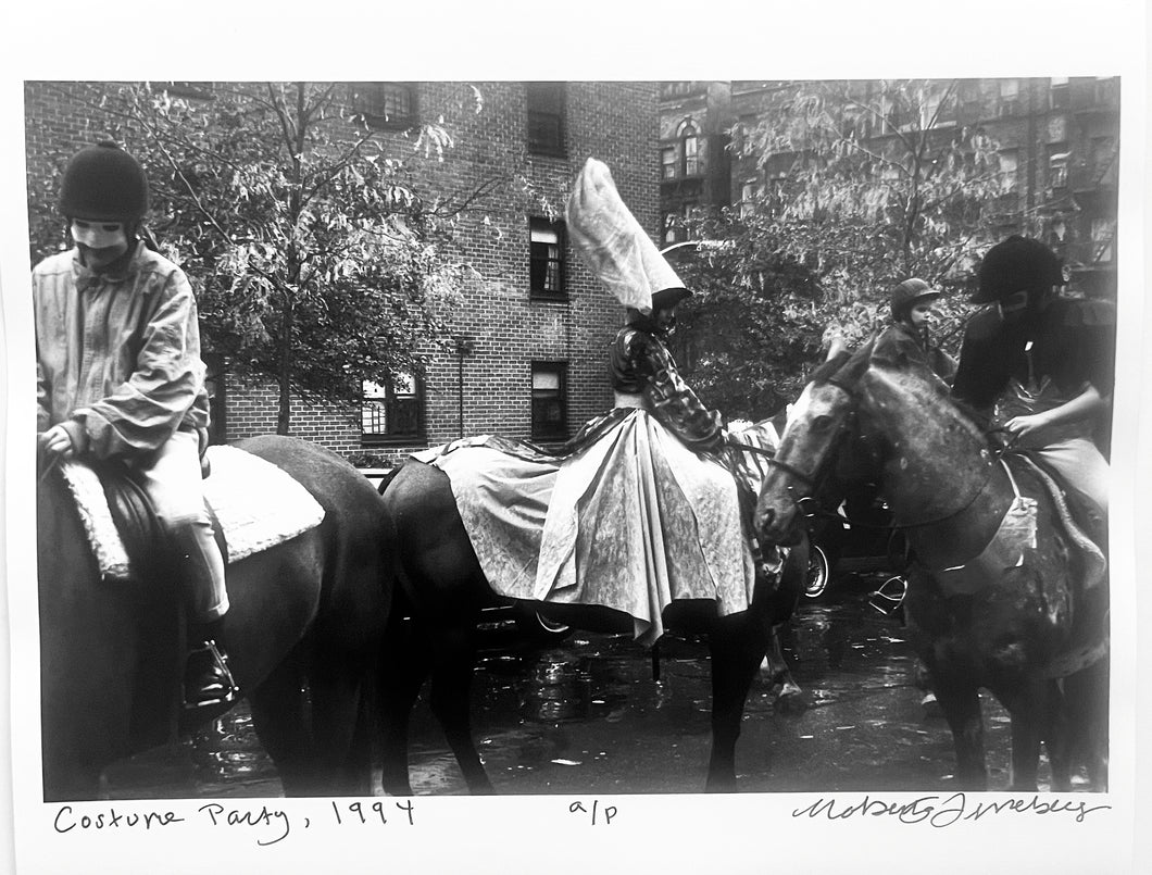 Costume Party by Roberta Fineberg, Black-and-White Photograph of Horseback Riders New York City 1990s