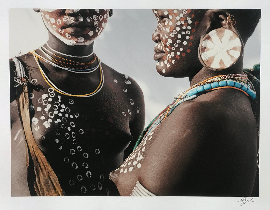 Two Sisters by Jean-Michel Voge, Portrait Photography of the Surma Tribe Omo Valley in Ethiopia Africa 1990s